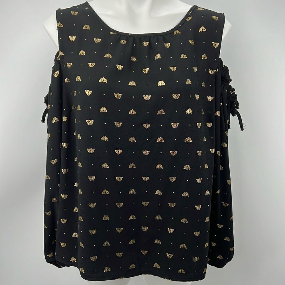 Lauren Conrad black bumblebee print cold shoulder blouse XL
